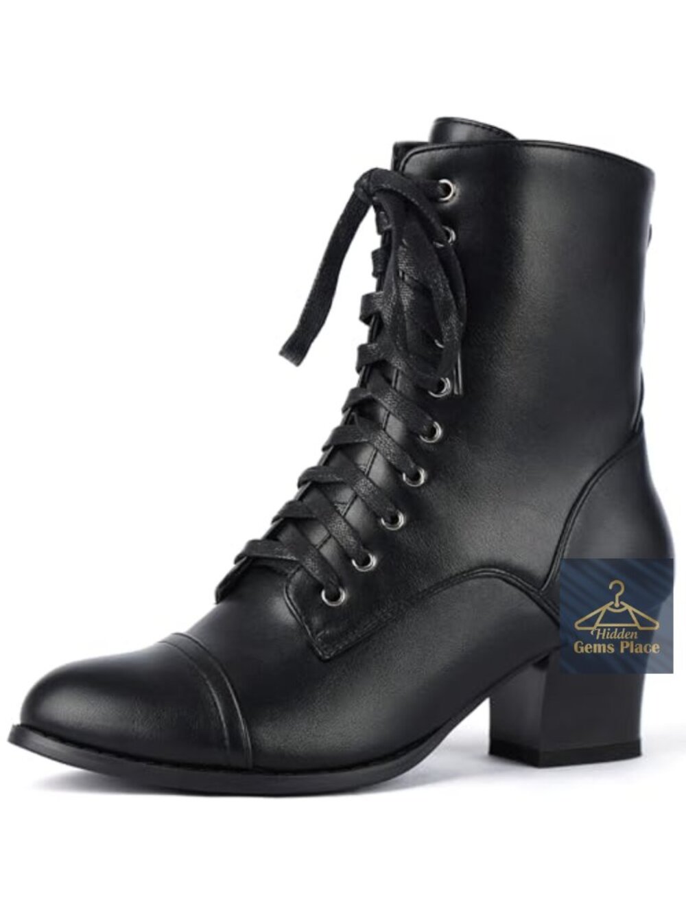 Victorian Lace Up Ankle Boots Block Heel Side Zip Faux Leather Women Gothic